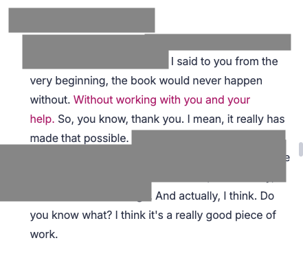 Ghostwriting testimonial where the client confirms "the book would never happen without Corinna's help" It also says that the client thinks it's a really good piece of work.